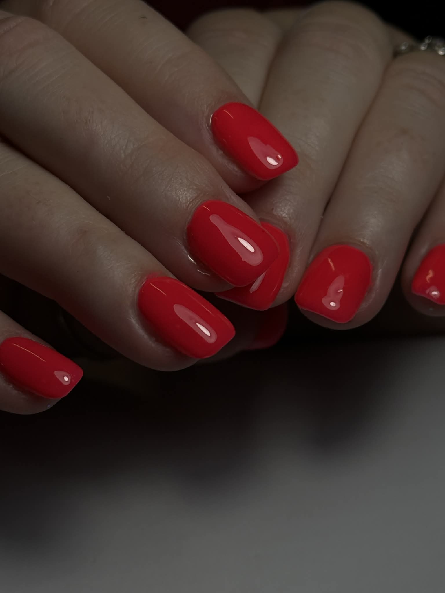 Coral red square gel nails, high gloss finish