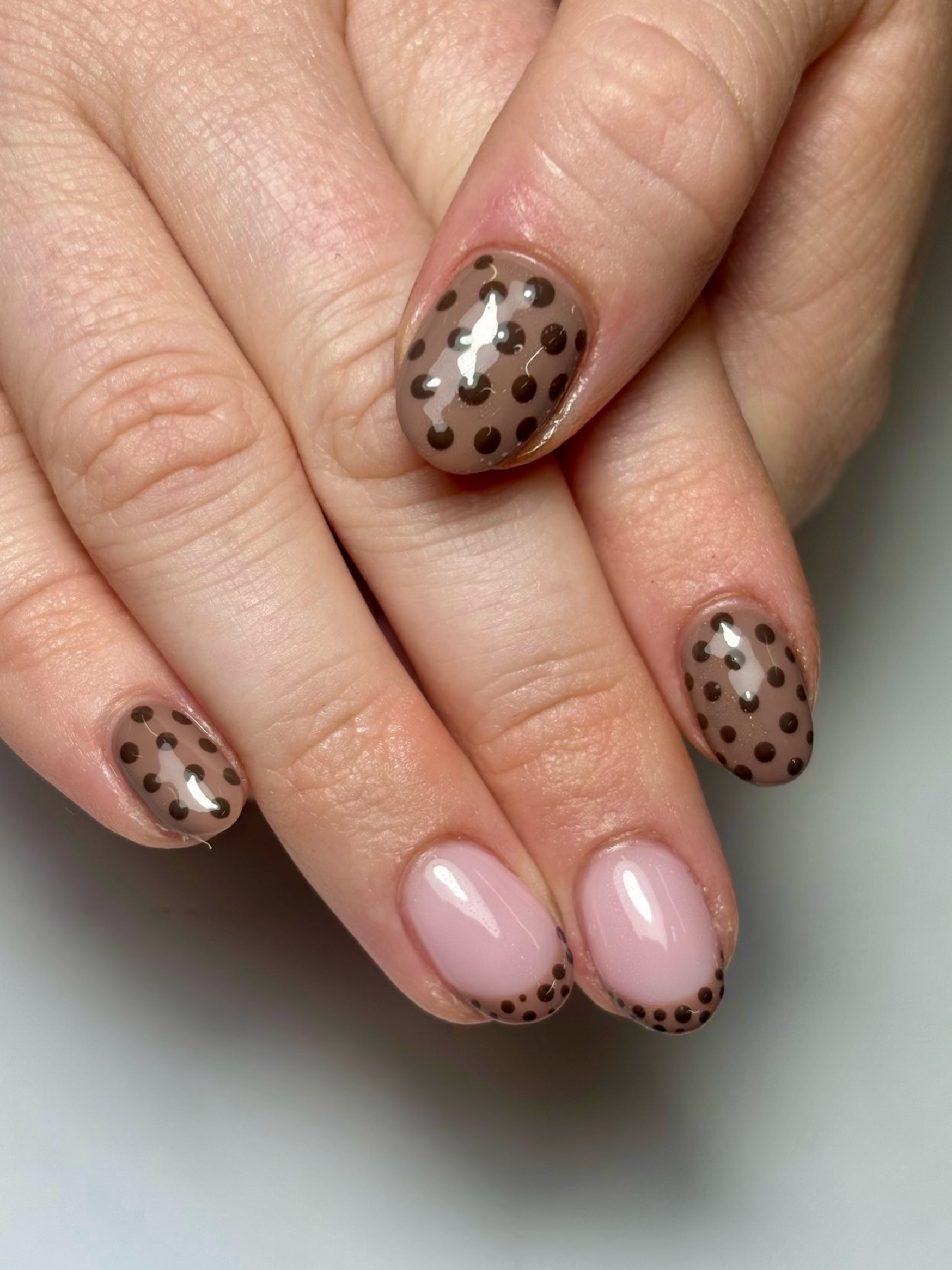 Mocha polka dot set with sheer pink accent nails
