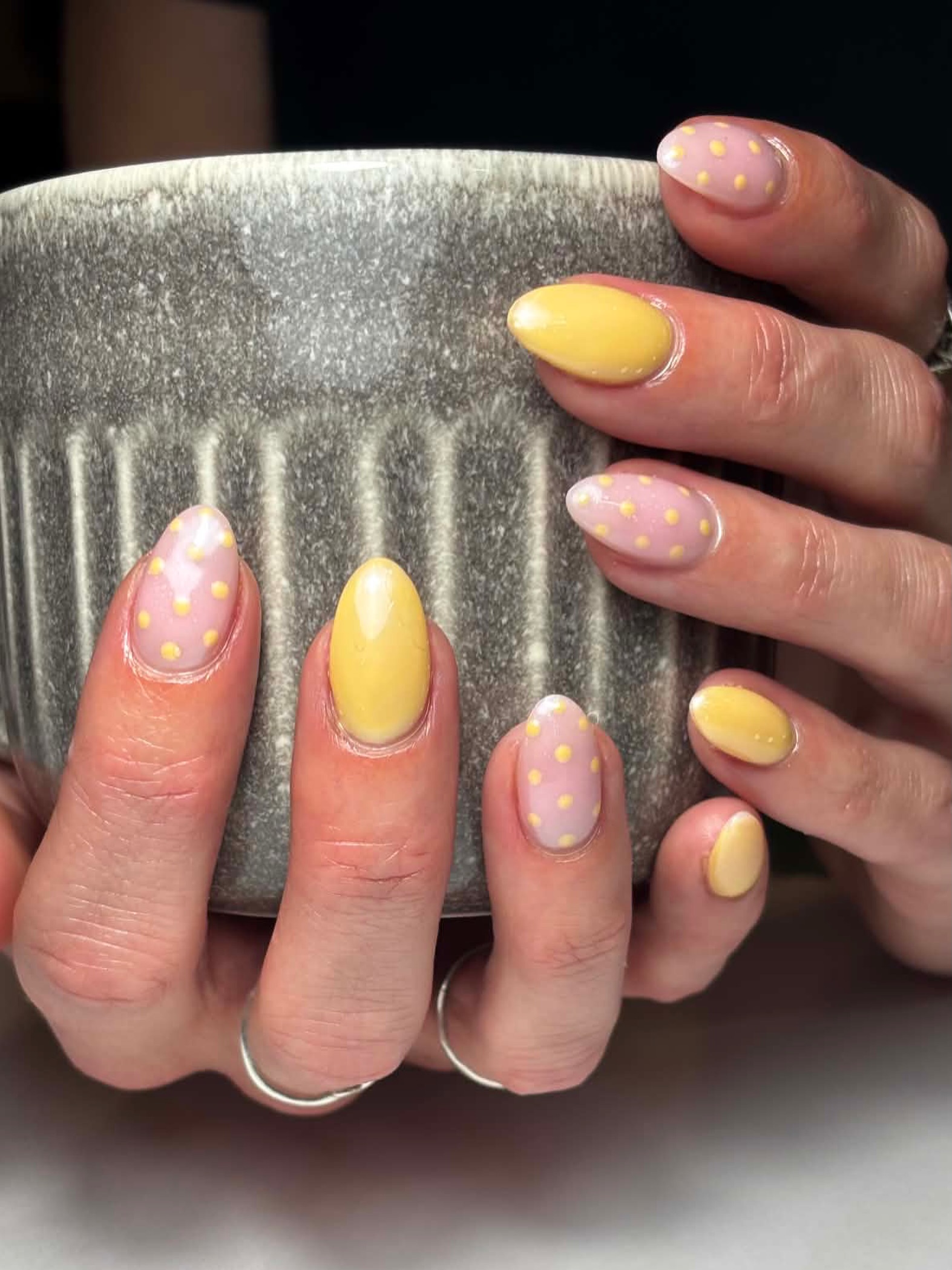 Butter yellow and pink polka dot almond set