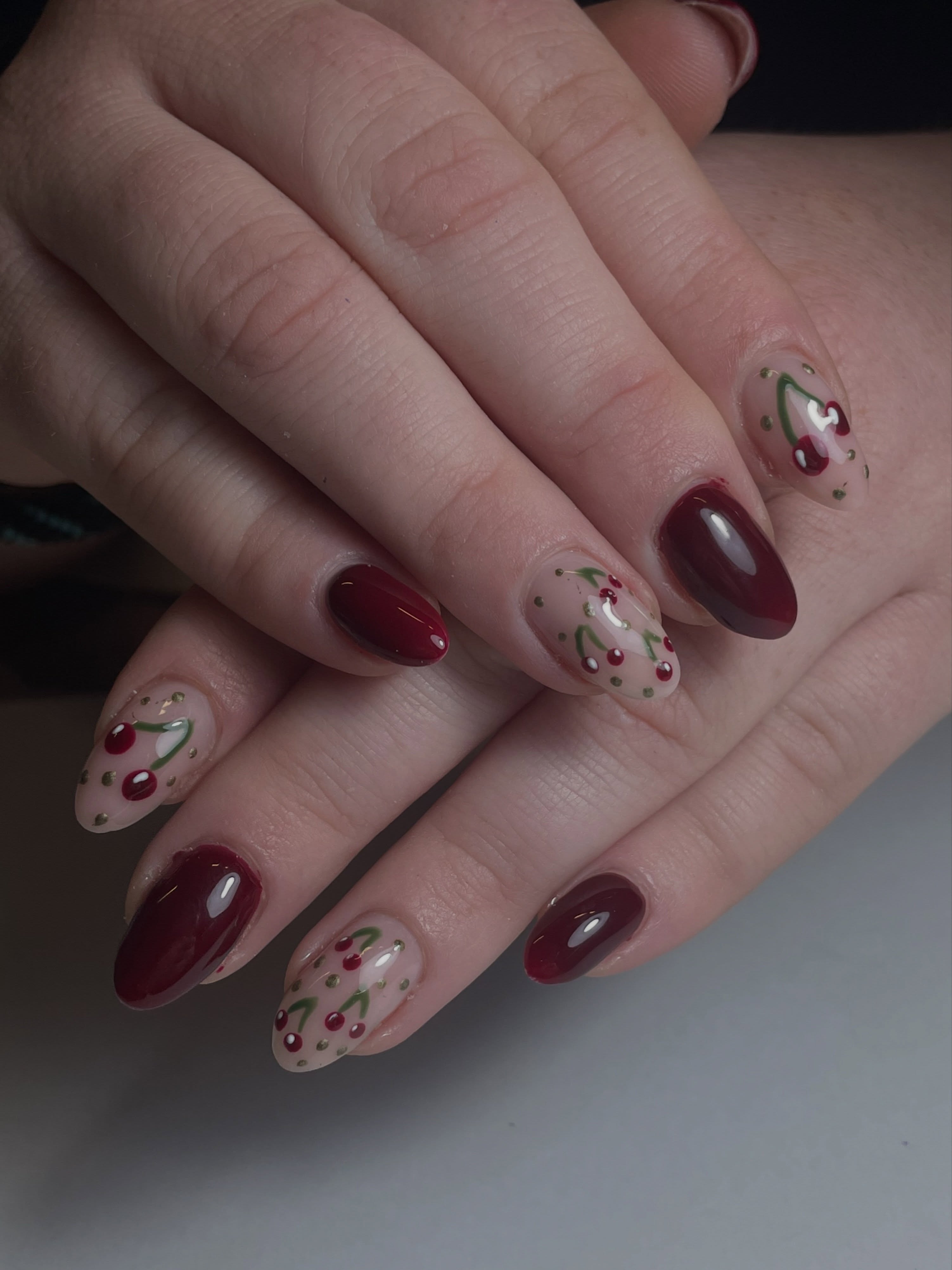 Deep red set with hand painted cherries and gold micro beads